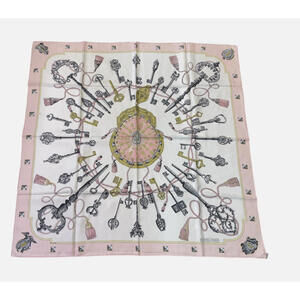 HERMES LES Cles Silk Scarf Carre The Keys Pink Gold White 100% Silk Hermés Carre